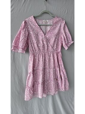 Hint Of Blush Dress Womens XL Pink Floral Wrap Puff Sleeve Tiered Sundress Mini